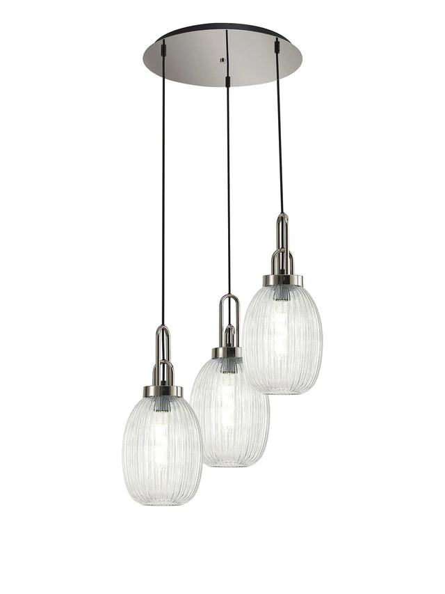Allardyce Round 3 Light Pendant With 20cm Almond Ribbed Glass, Polished Nickel/Matt Black Clear