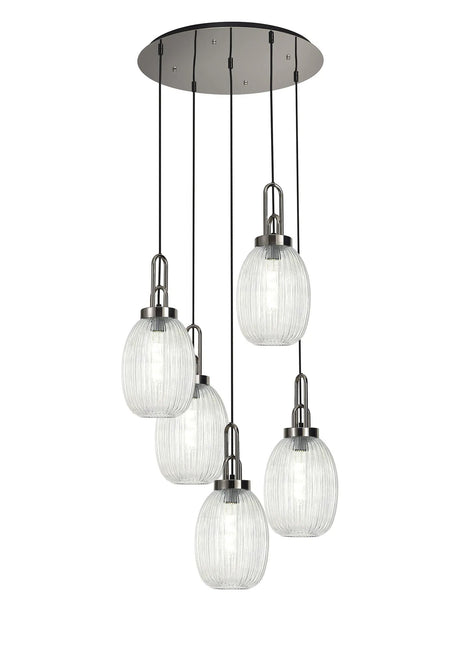 Allardyce Round 5 Light Pendant With 20cm Almond Ribbed Glass, Polished Nickel/Matt Black Clear