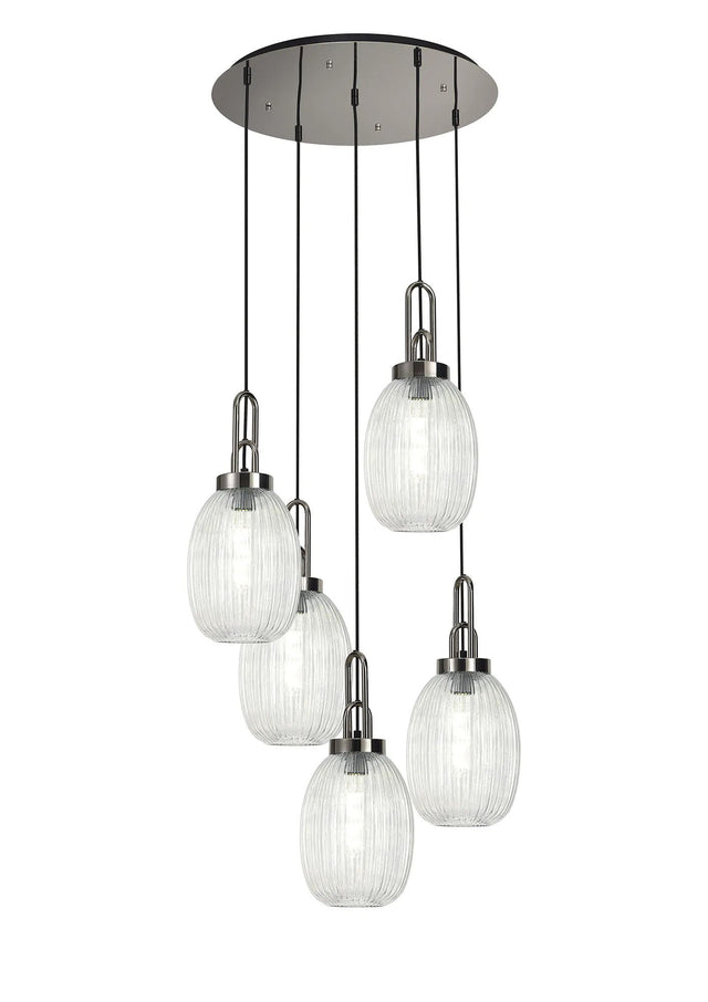 Allardyce Round 5 Light Pendant With 20cm Almond Ribbed Glass, Polished Nickel/Matt Black Clear