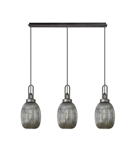 Allardyce Linear 3 Light Pendant With 20cm Almond Ribbed Glass, Aged Pewter/Matt Black Smoked