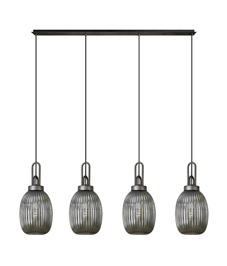 Allardyce Linear 4 Light Pendant With 20cm Almond Ribbed Glass, Aged Pewter/Matt Black Smoked