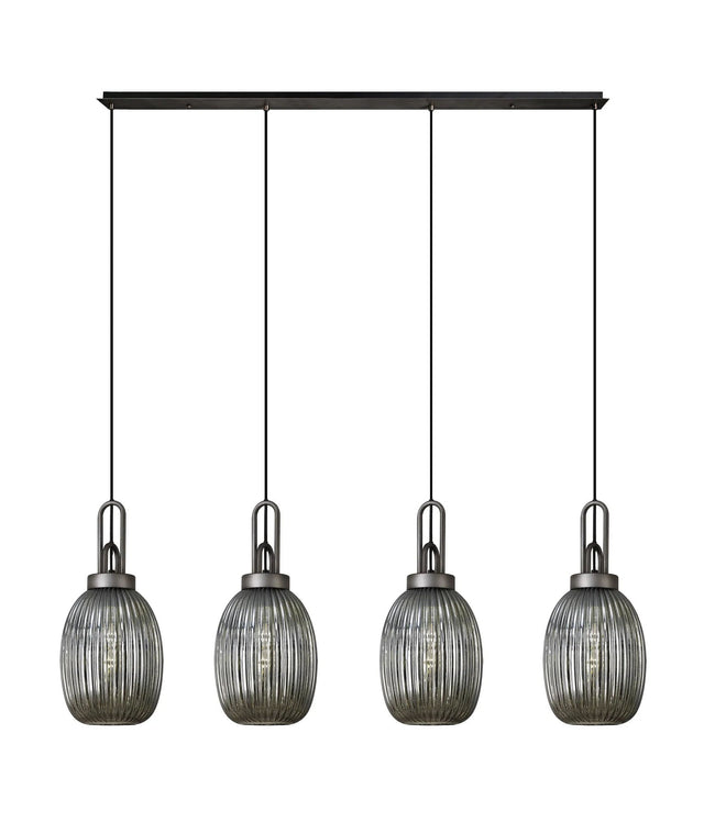 Allardyce Linear 4 Light Pendant With 20cm Almond Ribbed Glass, Aged Pewter/Matt Black Smoked