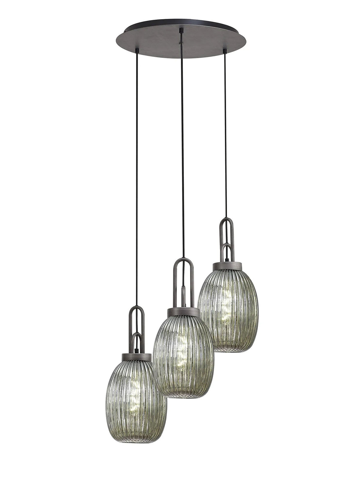 Allardyce Round 3 Light Pendant With 20cm Almond Ribbed Glass, Aged Pewter/Matt Black Smoked