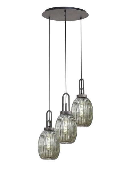 Allardyce Round 3 Light Pendant With 20cm Almond Ribbed Glass, Aged Pewter/Matt Black Smoked