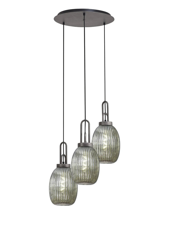 Allardyce Round 3 Light Pendant With 20cm Almond Ribbed Glass, Aged Pewter/Matt Black Smoked