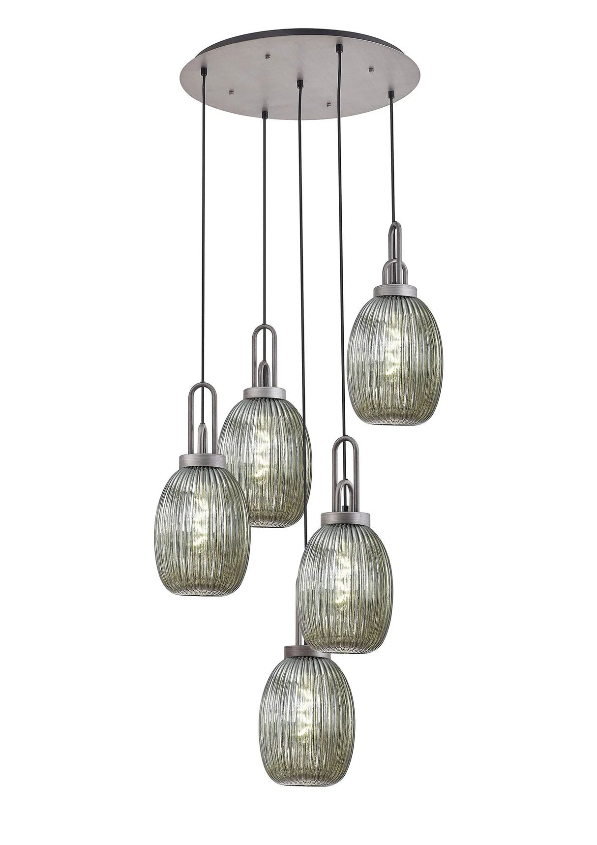 Allardyce Round 5 Light Pendant With 20cm Almond Ribbed Glass, Aged Pewter/Matt Black Smoked