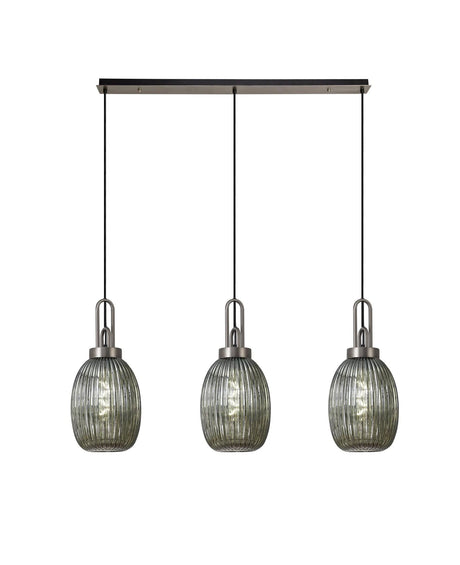 Allardyce Linear 3 Light Pendant With 20cm Almond Ribbed Glass, Antique Silver/Matt Black Smoked