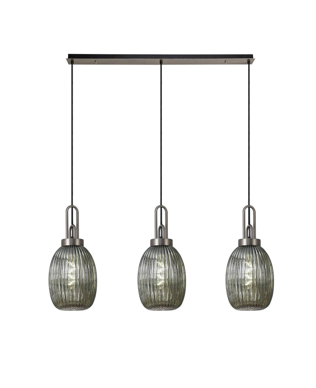 Allardyce Linear 3 Light Pendant With 20cm Almond Ribbed Glass, Antique Silver/Matt Black Smoked