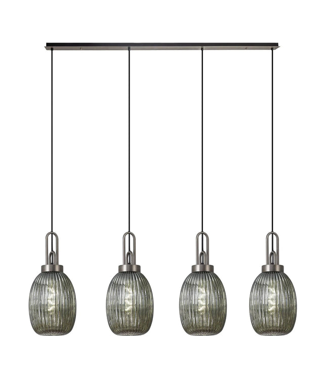 Allardyce Linear 4 Light Pendant With 20cm Almond Ribbed Glass, Antique Silver/Matt Black Smoked