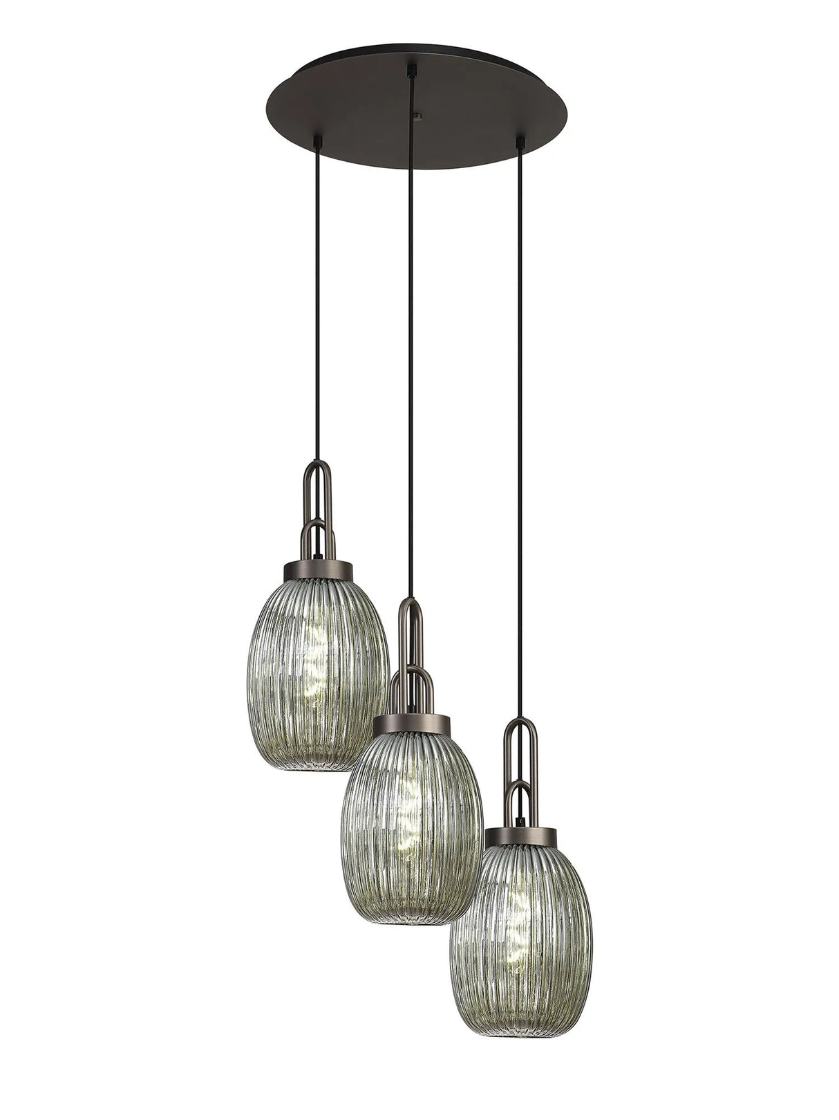 Allardyce Round 3 Light Pendant With 20cm Almond Ribbed Glass, Antique Silver/Matt Black Smoked