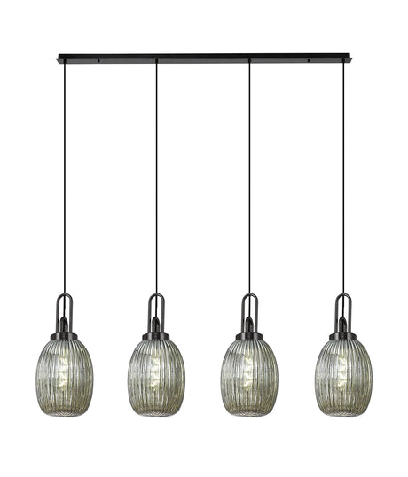 Allardyce Linear 4 Light Pendant With 20cm Almond Ribbed Glass, Black Chrome/Matt Black Smoked