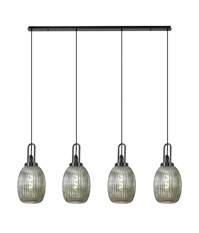 Allardyce Linear 4 Light Pendant With 20cm Almond Ribbed Glass, Black Chrome/Matt Black Smoked