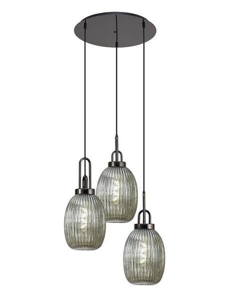 Allardyce Round 3 Light Pendant With 20cm Almond Ribbed Glass, Black Chrome/Matt Black Smoked