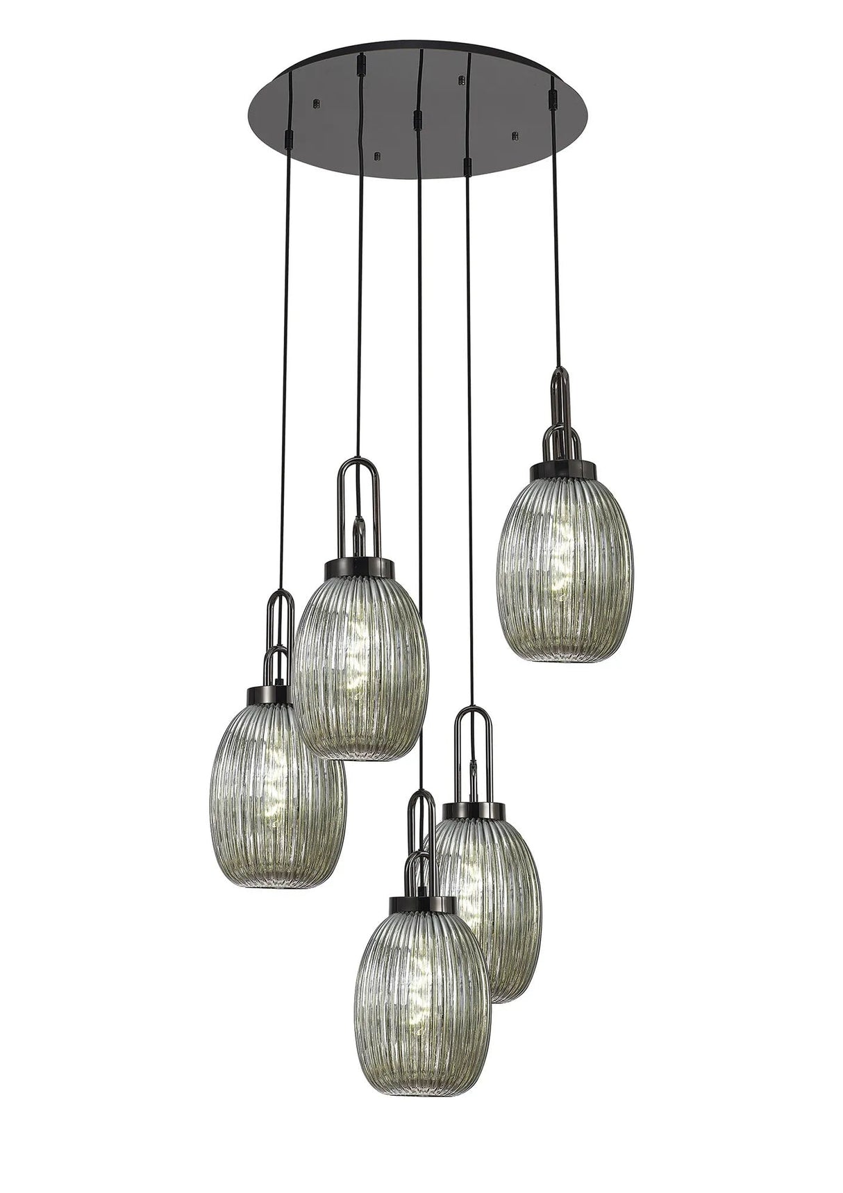 Allardyce Round 5 Light Pendant With 20cm Almond Ribbed Glass, Black Chrome/Matt Black Smoked