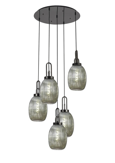 Allardyce Round 5 Light Pendant With 20cm Almond Ribbed Glass, Black Chrome/Matt Black Smoked