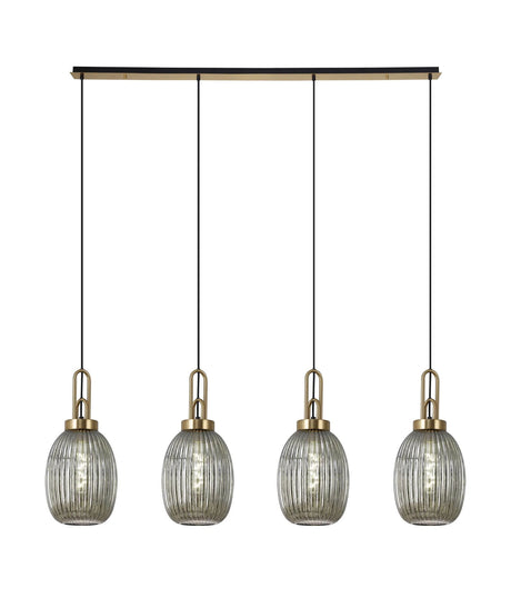 Allardyce Linear 4 Light Pendant With 20cm Almond Ribbed Glass, Brass Gold/Matt Black Smoked