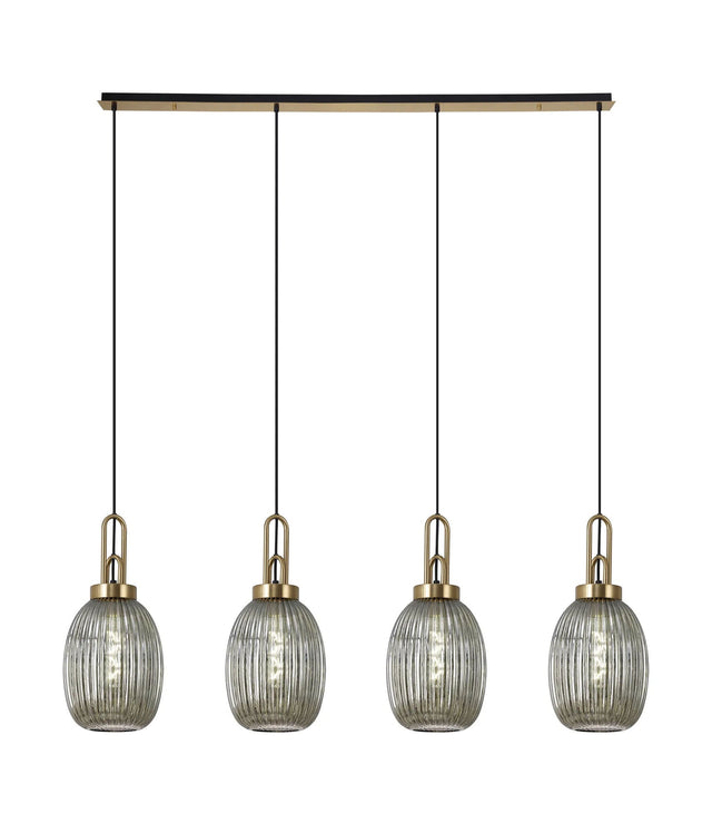 Allardyce Linear 4 Light Pendant With 20cm Almond Ribbed Glass, Brass Gold/Matt Black Smoked