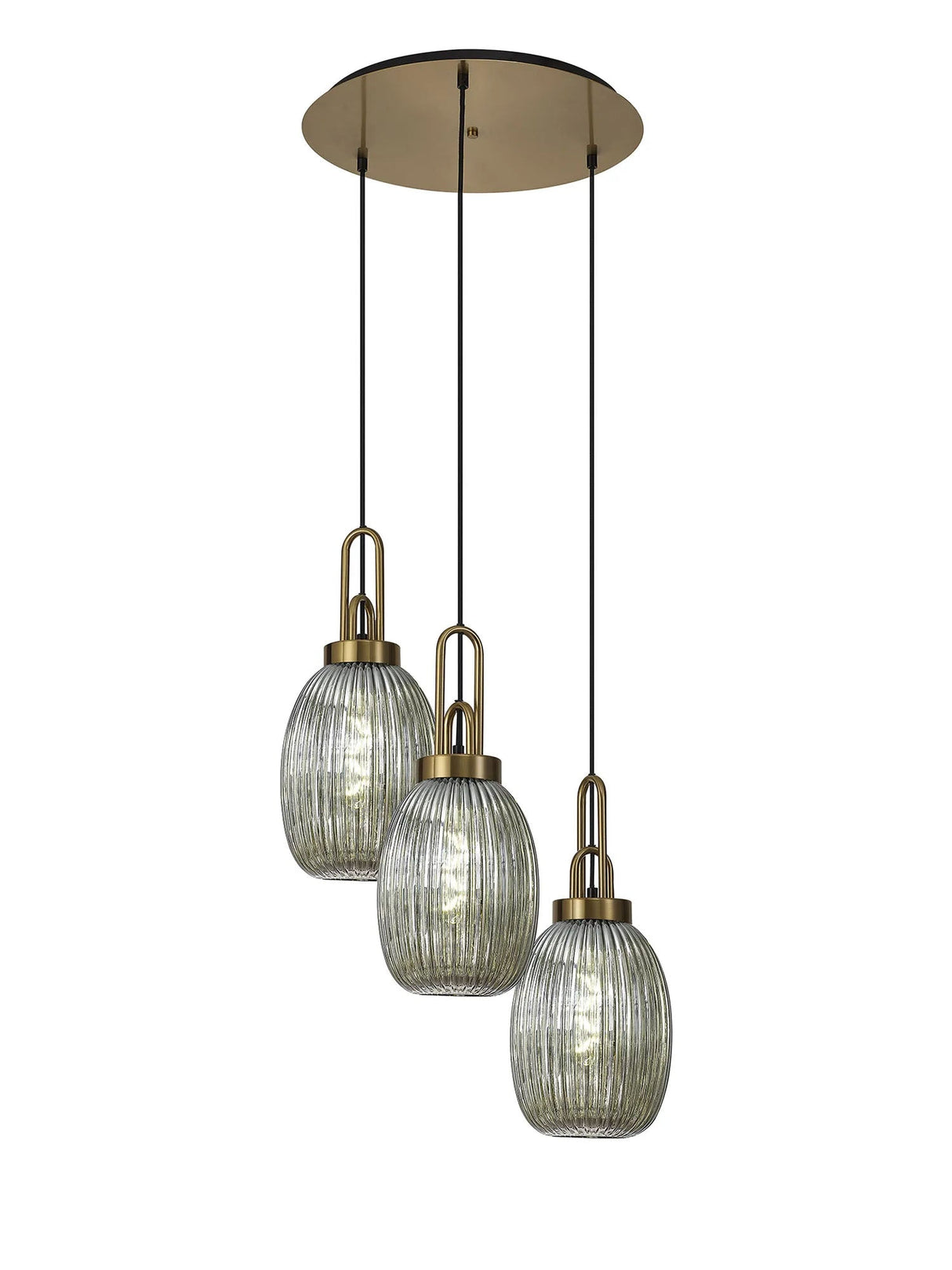 Allardyce Round 3 Light Pendant With 20cm Almond Ribbed Glass, Brass Gold/Matt Black Smoked