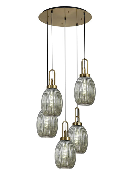 Allardyce Round 5 Light Pendant With 20cm Almond Ribbed Glass, Brass Gold/Matt Black Smoked