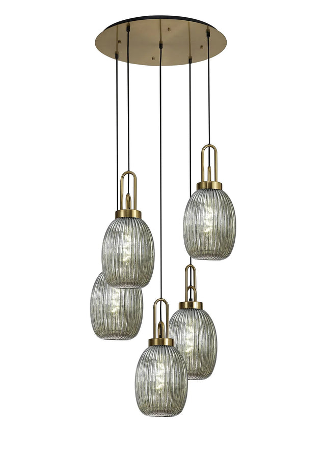 Allardyce Round 5 Light Pendant With 20cm Almond Ribbed Glass, Brass Gold/Matt Black Smoked