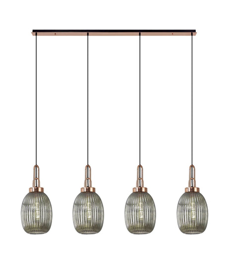 Allardyce Linear 4 Light Pendant With 20cm Almond Ribbed Glass, Copper/Matt Black Smoked