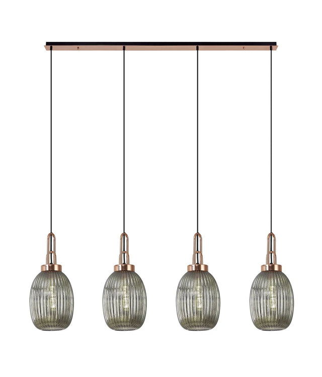 Allardyce Linear 4 Light Pendant With 20cm Almond Ribbed Glass, Copper/Matt Black Smoked