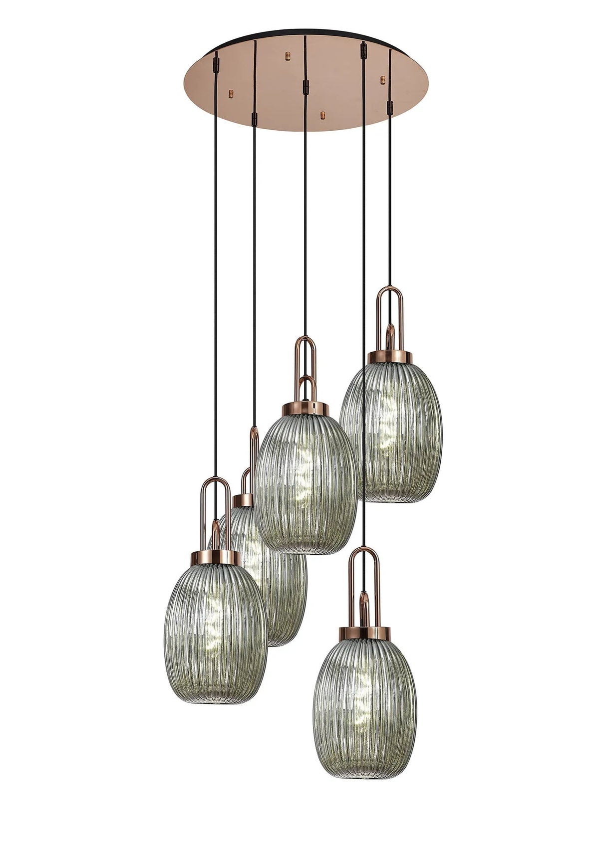 Allardyce Round 5 Light Pendant With 20cm Almond Ribbed Glass, Copper/Matt Black Smoked