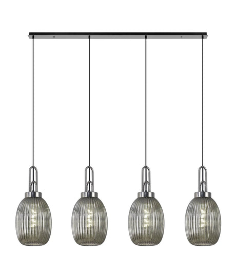 Allardyce Linear 4 Light Pendant With 20cm Almond Ribbed Glass, Polished Nickel/Matt Black Smoked