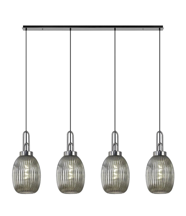 Allardyce Linear 4 Light Pendant With 20cm Almond Ribbed Glass, Polished Nickel/Matt Black Smoked