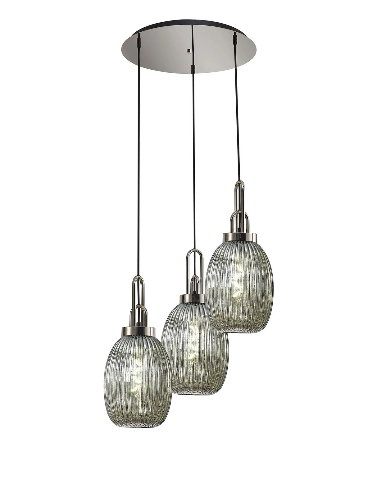 Allardyce Round 3 Light Pendant With 20cm Almond Ribbed Glass, Polished Nickel/Matt Black Smoked