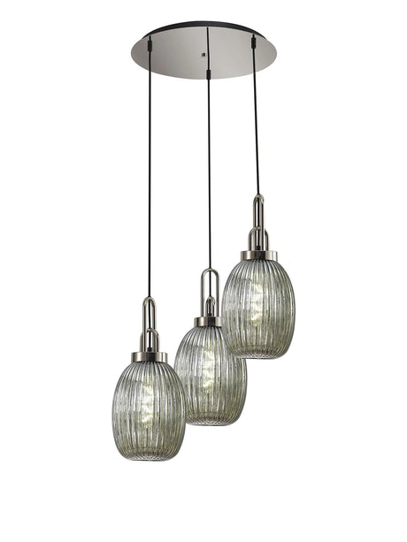 Allardyce Round 3 Light Pendant With 20cm Almond Ribbed Glass, Polished Nickel/Matt Black Smoked