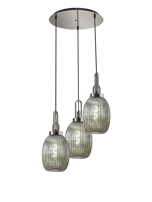 Allardyce Round 3 Light Pendant With 20cm Almond Ribbed Glass, Polished Nickel/Matt Black Smoked