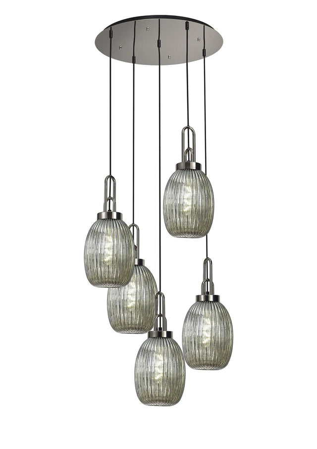 Allardyce Round 5 Light Pendant With 20cm Almond Ribbed Glass, Polished Nickel/Matt Black Smoked