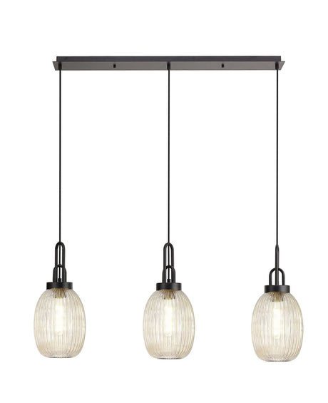 Allardyce Linear 3 Light Pendant With 20cm Almond Ribbed Glass, Matt Black/Matt Black Champagne