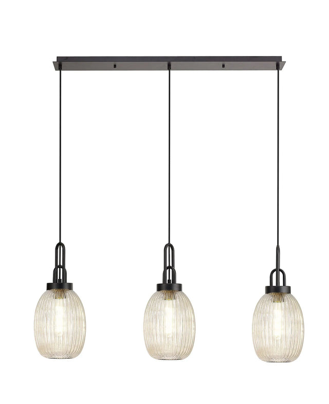 Allardyce Linear 3 Light Pendant With 20cm Almond Ribbed Glass, Matt Black/Matt Black Champagne
