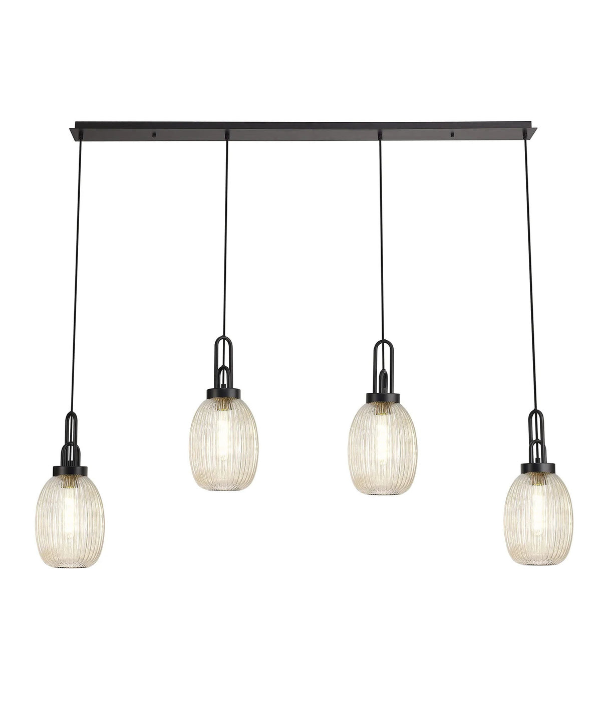 Allardyce Linear 4 Light Pendant With 20cm Almond Ribbed Glass, Matt Black/Matt Black Champagne