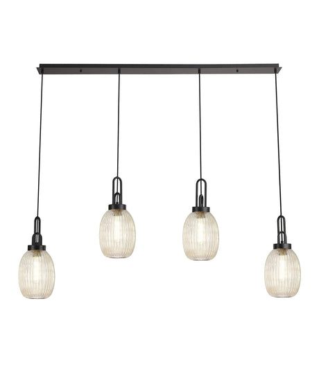 Allardyce Linear 4 Light Pendant With 20cm Almond Ribbed Glass, Matt Black/Matt Black Champagne