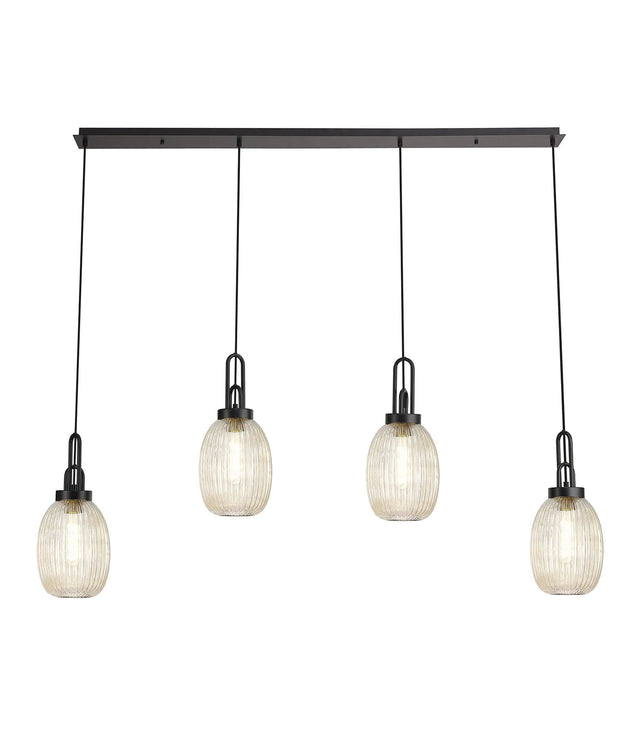 Allardyce Linear 4 Light Pendant With 20cm Almond Ribbed Glass, Matt Black/Matt Black Champagne