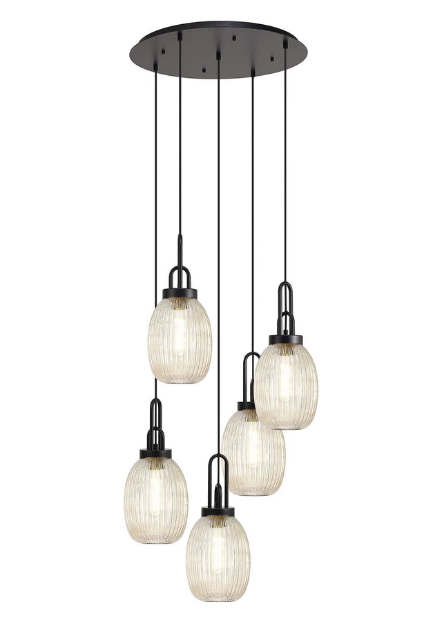 Allardyce Round 5 Light Pendant With 20cm Almond Ribbed Glass, Matt Black/Matt Black Champagne