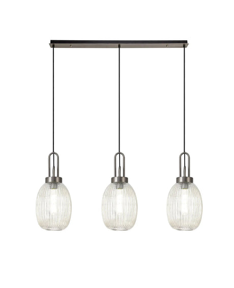 Allardyce Linear 3 Light Pendant With 20cm Almond Ribbed Glass, Antique Silver/Matt Black Champagne