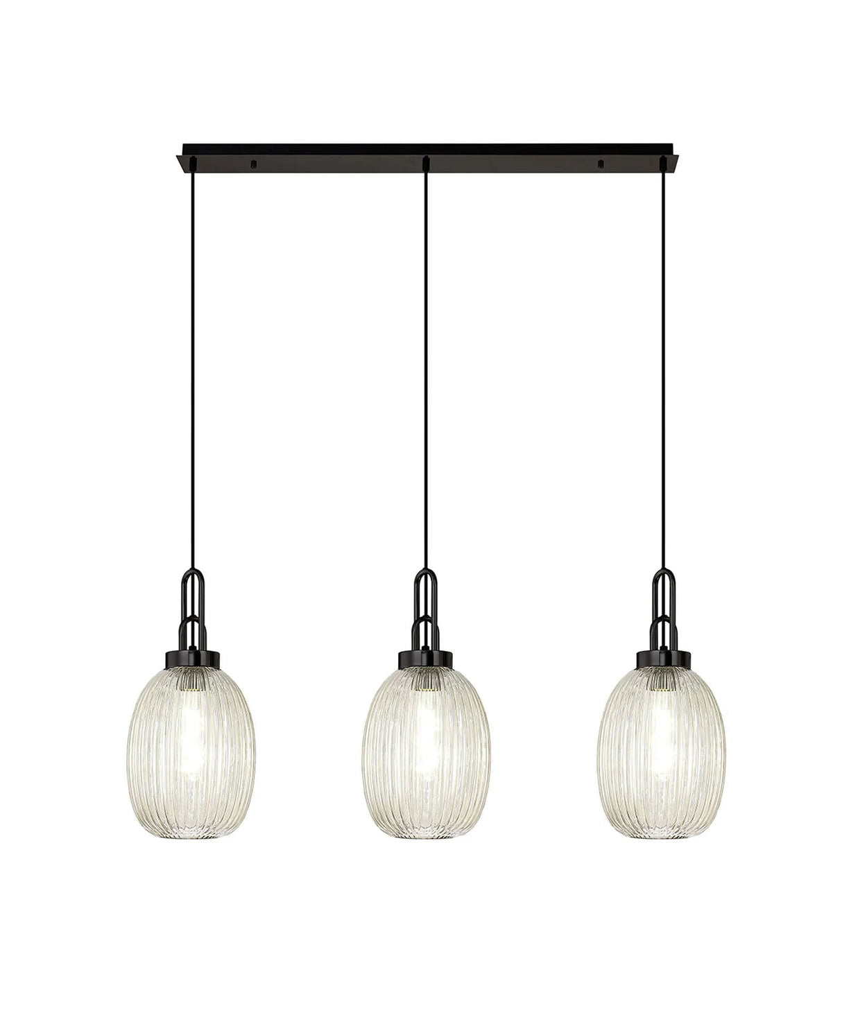Allardyce Linear 3 Light Pendant With 20cm Almond Ribbed Glass, Black Chrome/Matt Black Champagne