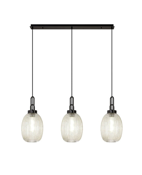 Allardyce Linear 3 Light Pendant With 20cm Almond Ribbed Glass, Black Chrome/Matt Black Champagne