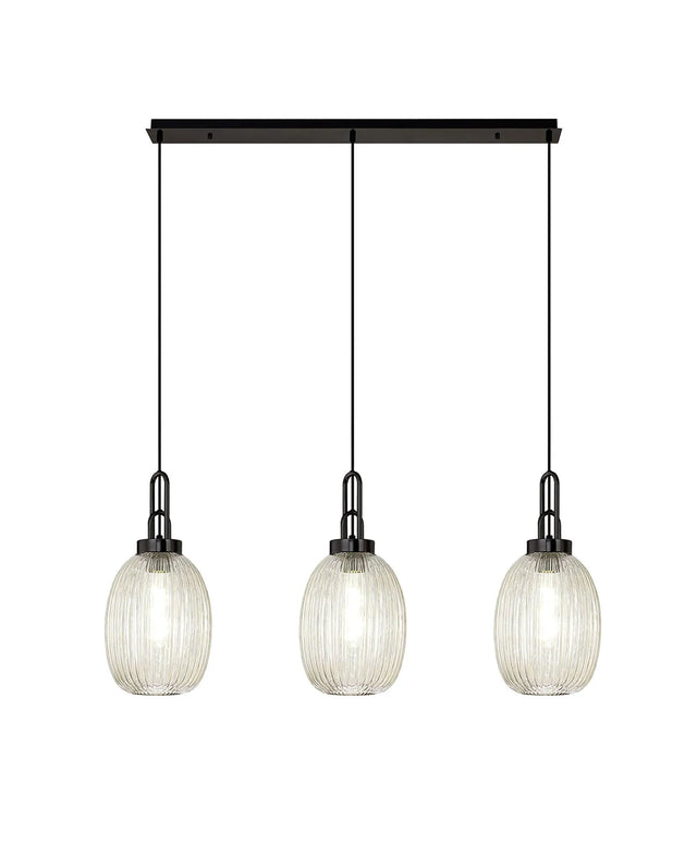 Allardyce Linear 3 Light Pendant With 20cm Almond Ribbed Glass, Black Chrome/Matt Black Champagne