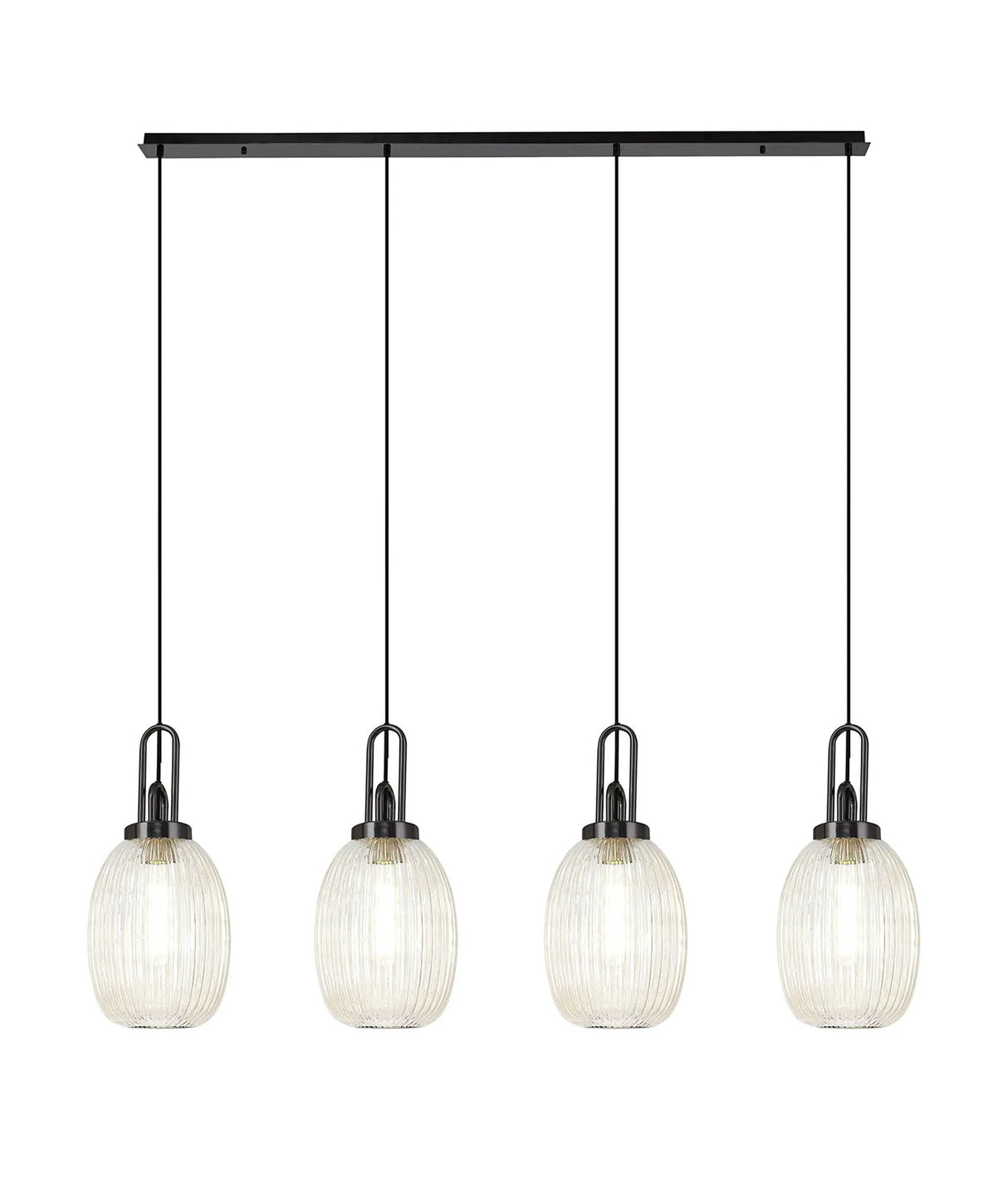 Allardyce Linear 4 Light Pendant With 20cm Almond Ribbed Glass, Black Chrome/Matt Black Champagne
