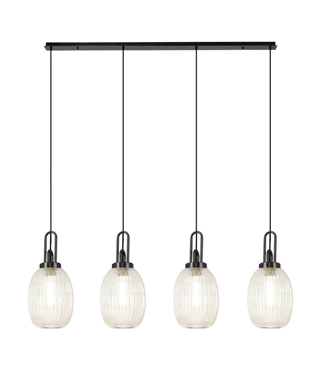 Allardyce Linear 4 Light Pendant With 20cm Almond Ribbed Glass, Black Chrome/Matt Black Champagne