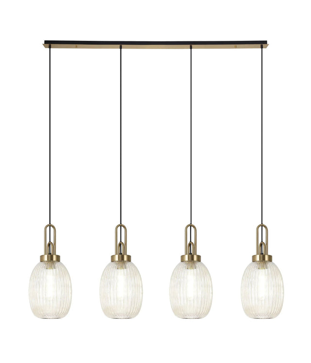 Allardyce Linear 4 Light Pendant With 20cm Almond Ribbed Glass, Brass Gold/Matt Black Champagne