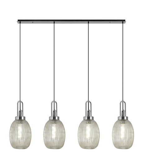 Allardyce Linear 4 Light Pendant With 20cm Almond Ribbed Glass, Polished Nickel/Matt Black Champagne