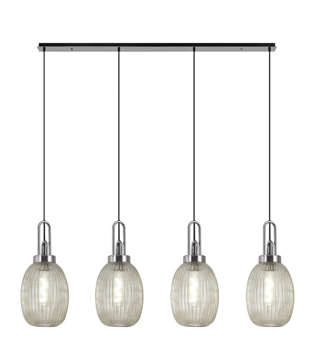 Allardyce Linear 4 Light Pendant With 20cm Almond Ribbed Glass, Polished Nickel/Matt Black Champagne