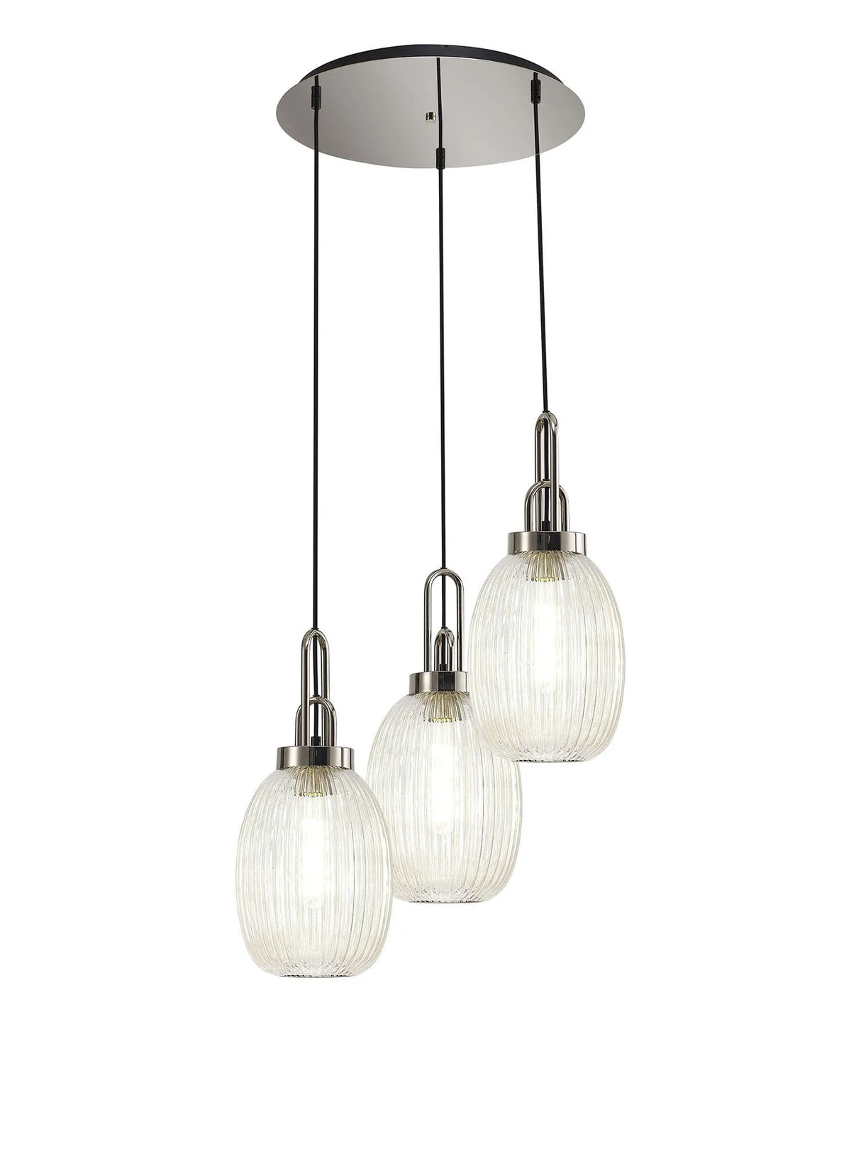 Allardyce Round 3 Light Pendant With 20cm Almond Ribbed Glass, Polished Nickel/Matt Black Champagne