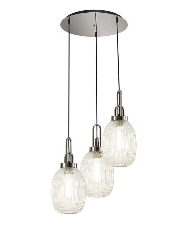 Allardyce Round 3 Light Pendant With 20cm Almond Ribbed Glass, Polished Nickel/Matt Black Champagne